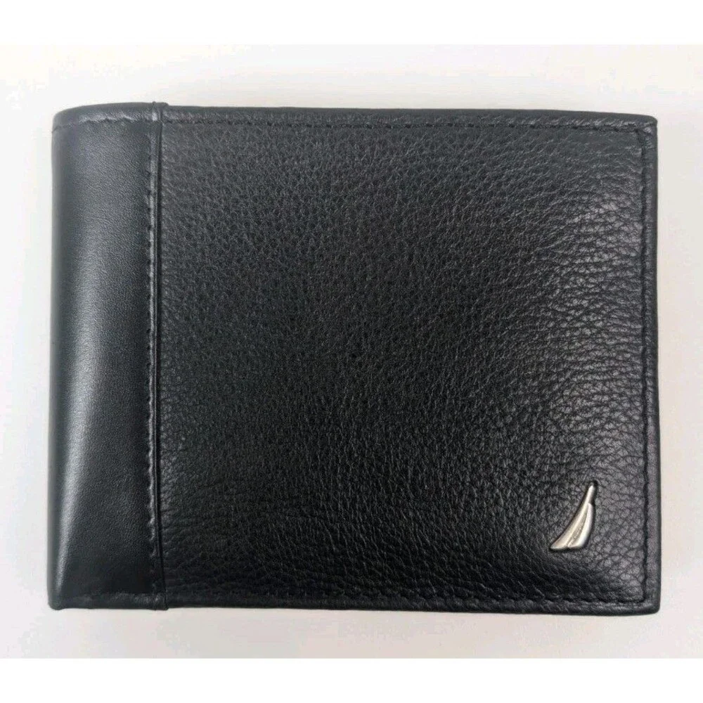Nautica Black Leather Wallet Bifold ID Window Card Holder Mens